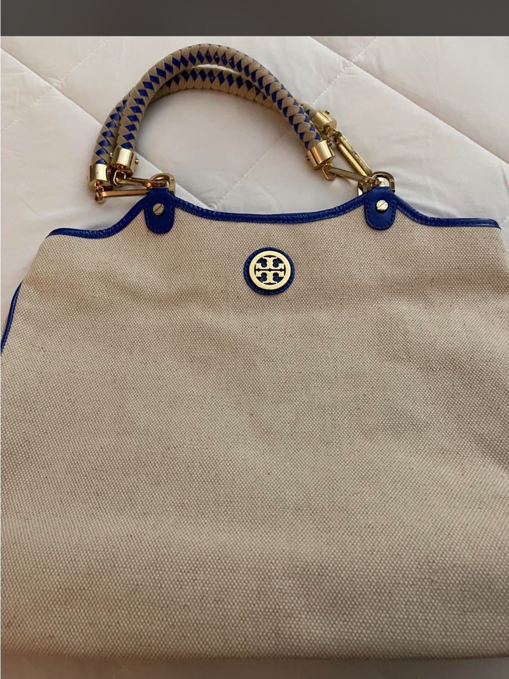 Tory Burch Beige Canvas Tote with Blue Trim and Braided Handles - Picture 7 of 8